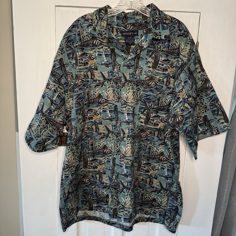 Sportif Men's XL Swordfish Fishing Button Up Short Sleeve Shirt Green Blue Vacay